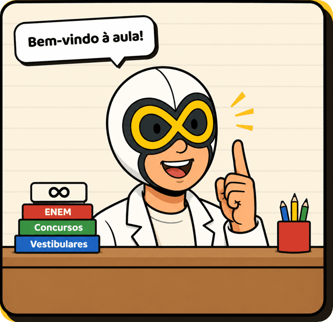 Professor M. em sua mesa de aula, dizendo Bem-vindo à aula, com livros de ENEM, concursos e vestibulares